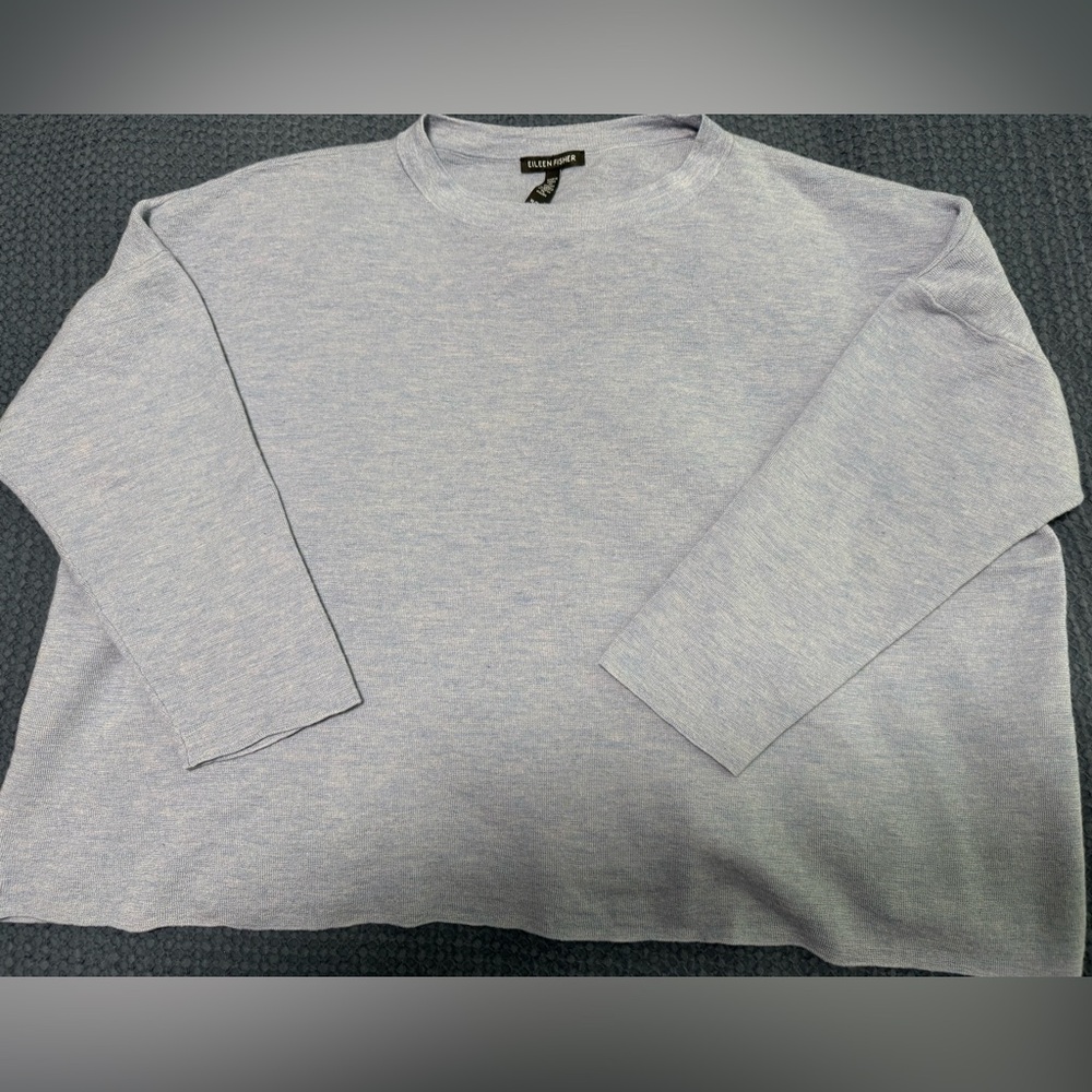 Eileen Fisher Boxy Cropped Crewneck Sweater in Blue Superfine Merino Wool, XL